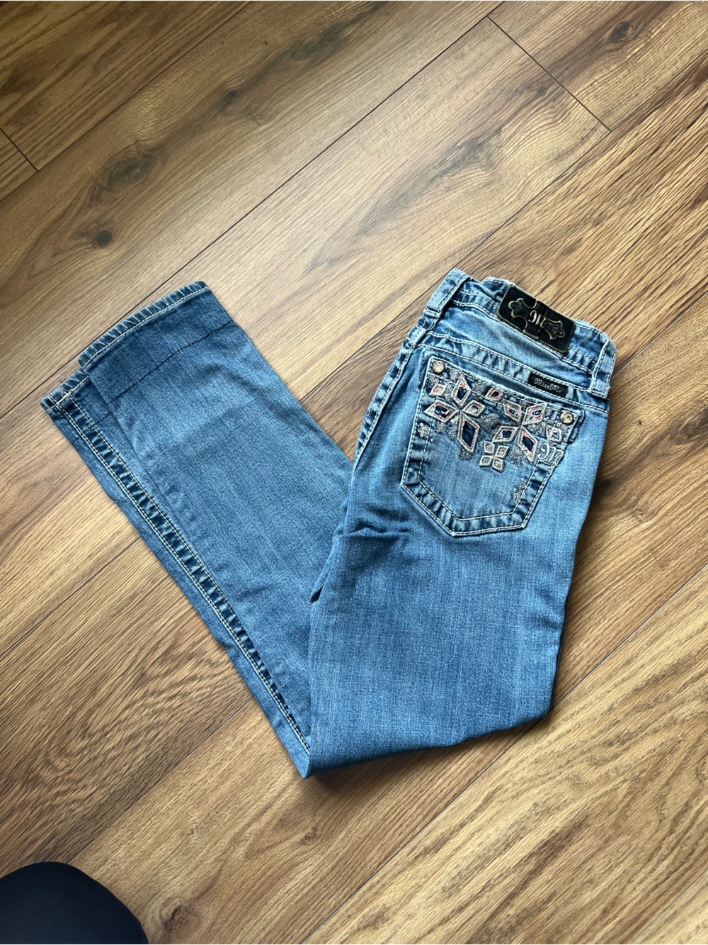 Miss Me Signature Cuffed Embroidered Denim Blue Skinny Jeans